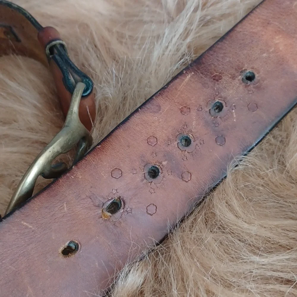 Vintage Chunky Distresed Brown Leather Belt with Brass Accents